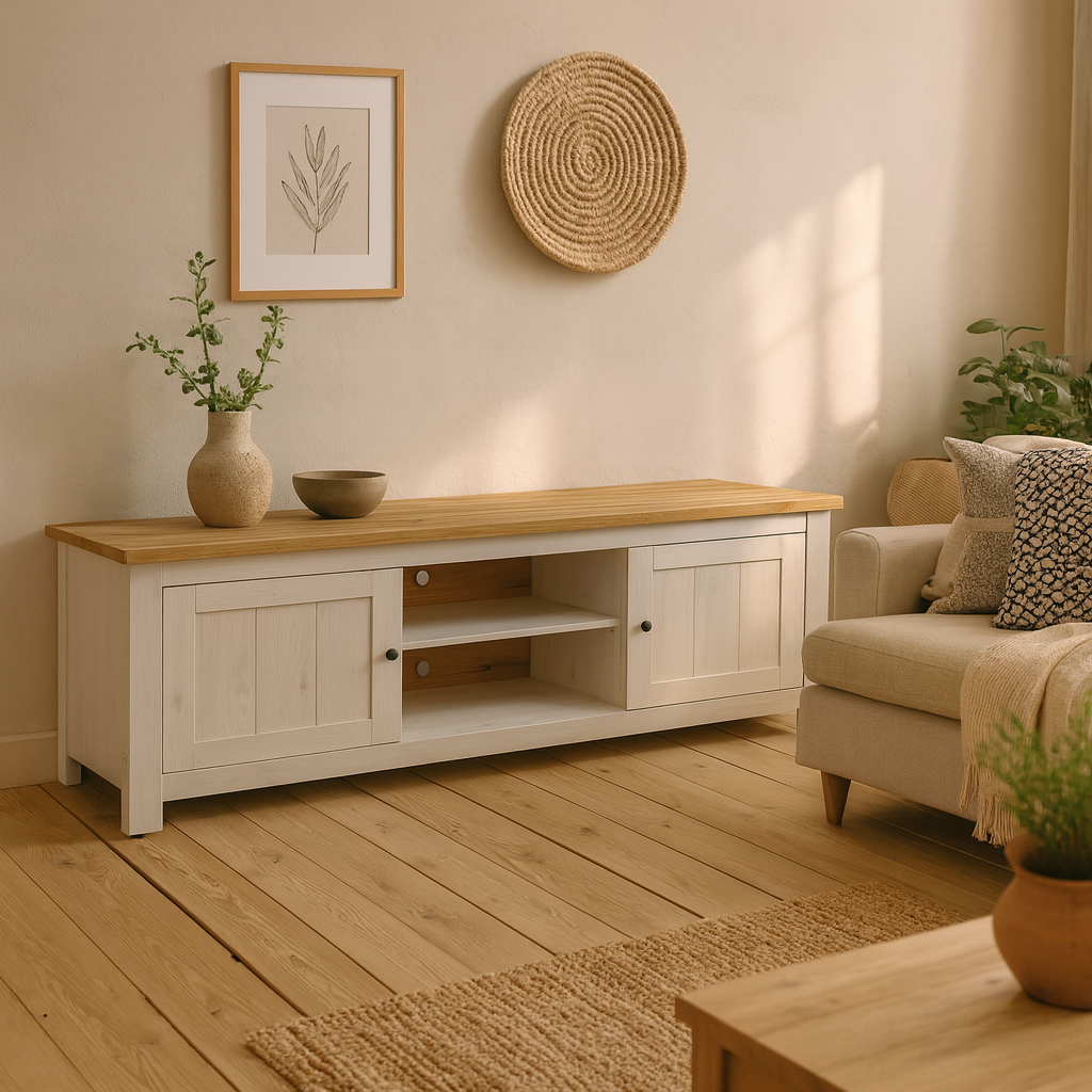 Tipsyfern 189cm White and Natural Oak Wood 2 Door Wide TV Unit