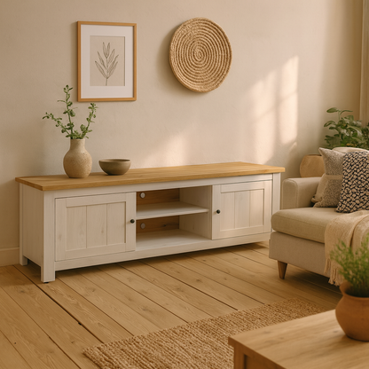 Tipsyfern 189cm White and Natural Oak Wood 2 Door Wide TV Unit