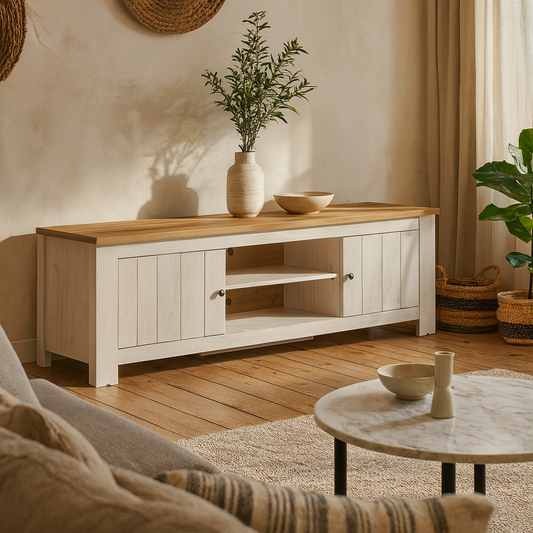 Tipsyfern 189cm White and Natural Oak Wood 2 Door Wide TV Unit