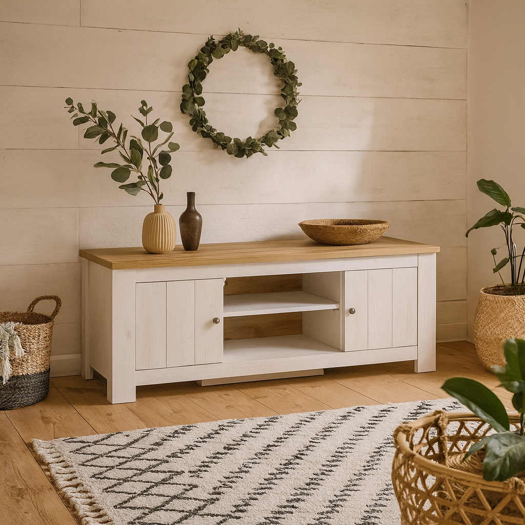 Tipsyfern 154cm White and Natural Oak Wood 2 Door TV Unit