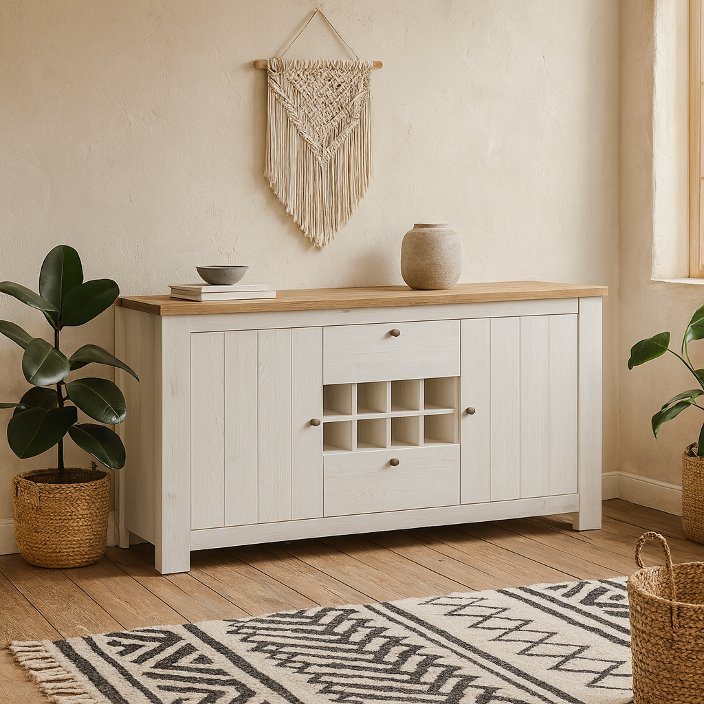 Tipsyfern White and Natural Oak Wood 2 Door 2 Drawer Sideboard with Wine Rack