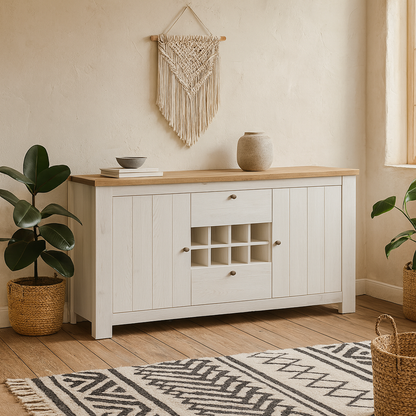 Tipsyfern White and Natural Oak Wood 2 Door 2 Drawer Sideboard with Wine Rack