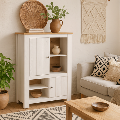Tipsyfern White and Natural Oak Wood 2 Door 4 Shelves Cabinet