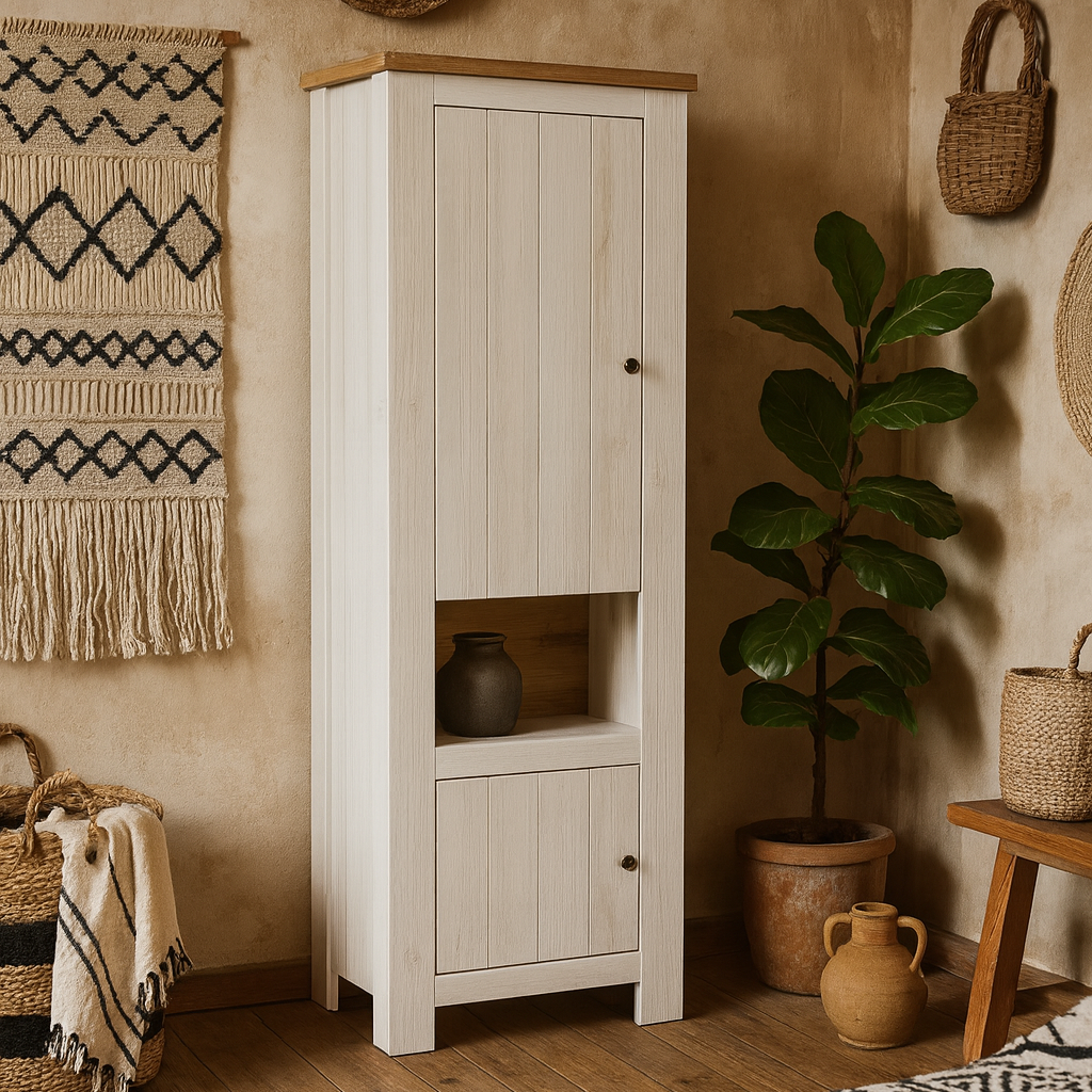 Tipsyfern White and Natural Oak Wood 2 Door Cabinet