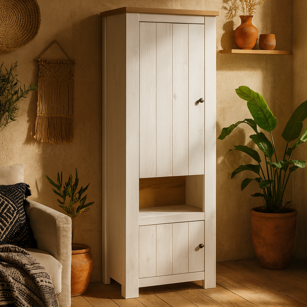 Tipsyfern White and Natural Oak Wood 2 Door Cabinet