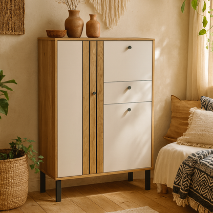 Pebblethorn Cream and Natural Oak Wood 3 Door 1 Drawer Cabinet