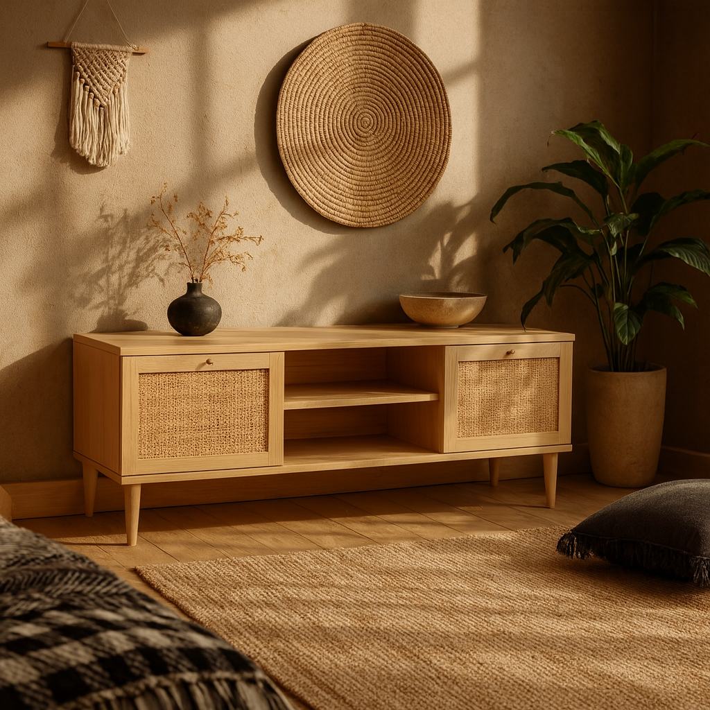 Mallowmoss Rattan and Wood 2 Door 1 Shelf TV Unit