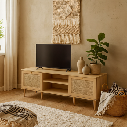 Mallowmoss Rattan and Wood 2 Door 1 Shelf TV Unit