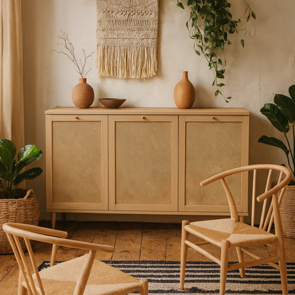 Mallowmoss Rattan and Wood 3 Door Sideboard