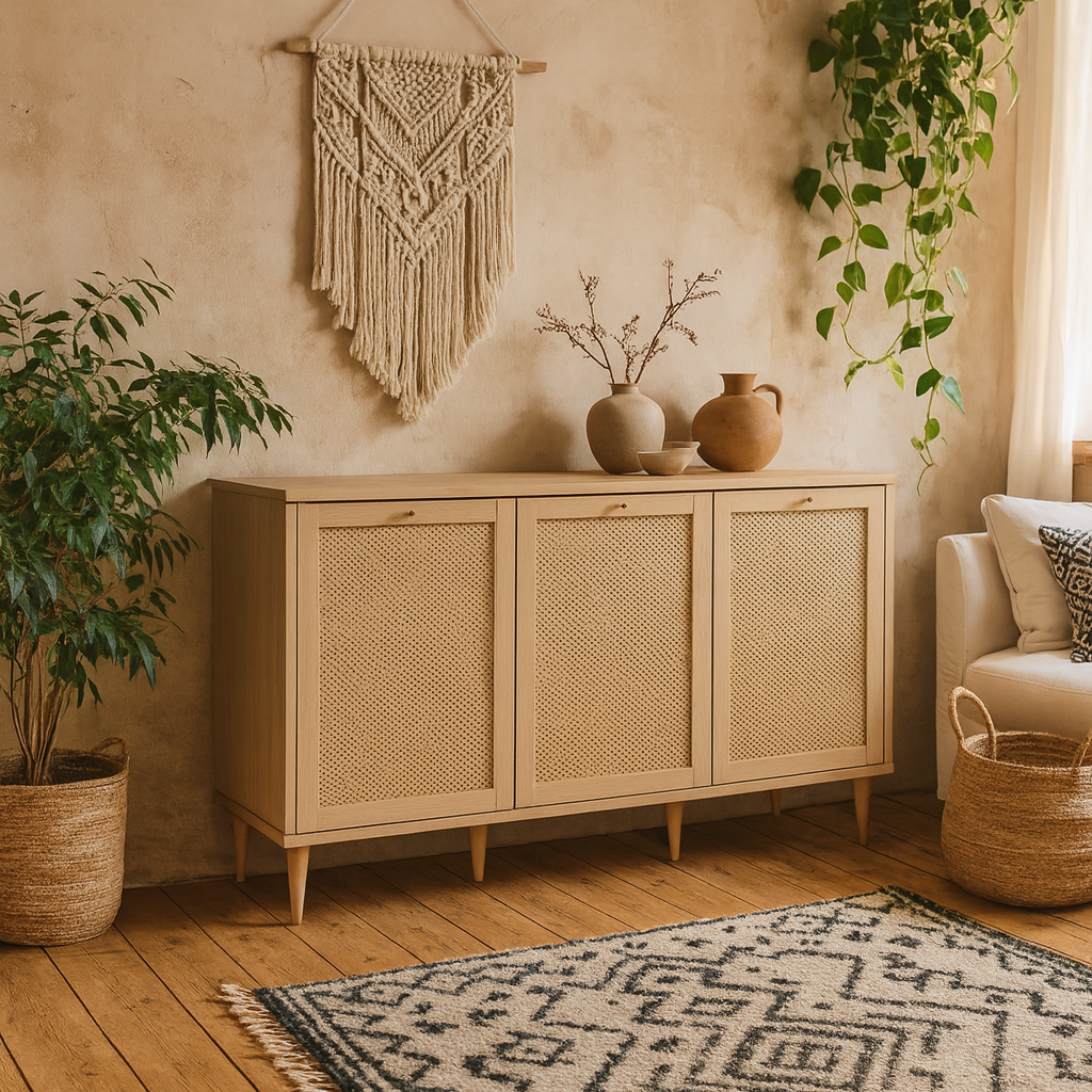 Mallowmoss Rattan and Wood 3 Door Sideboard