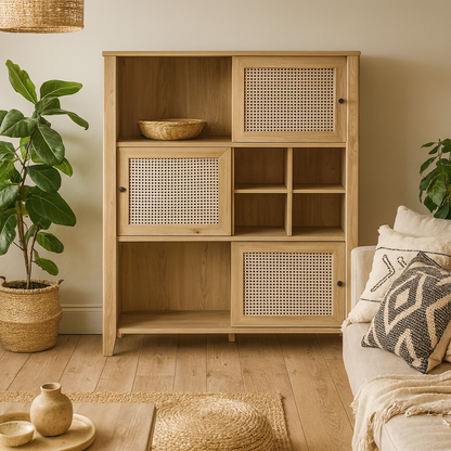 Monza Natural Oak Wood and Rattan 3 Sliding Door Cabinet