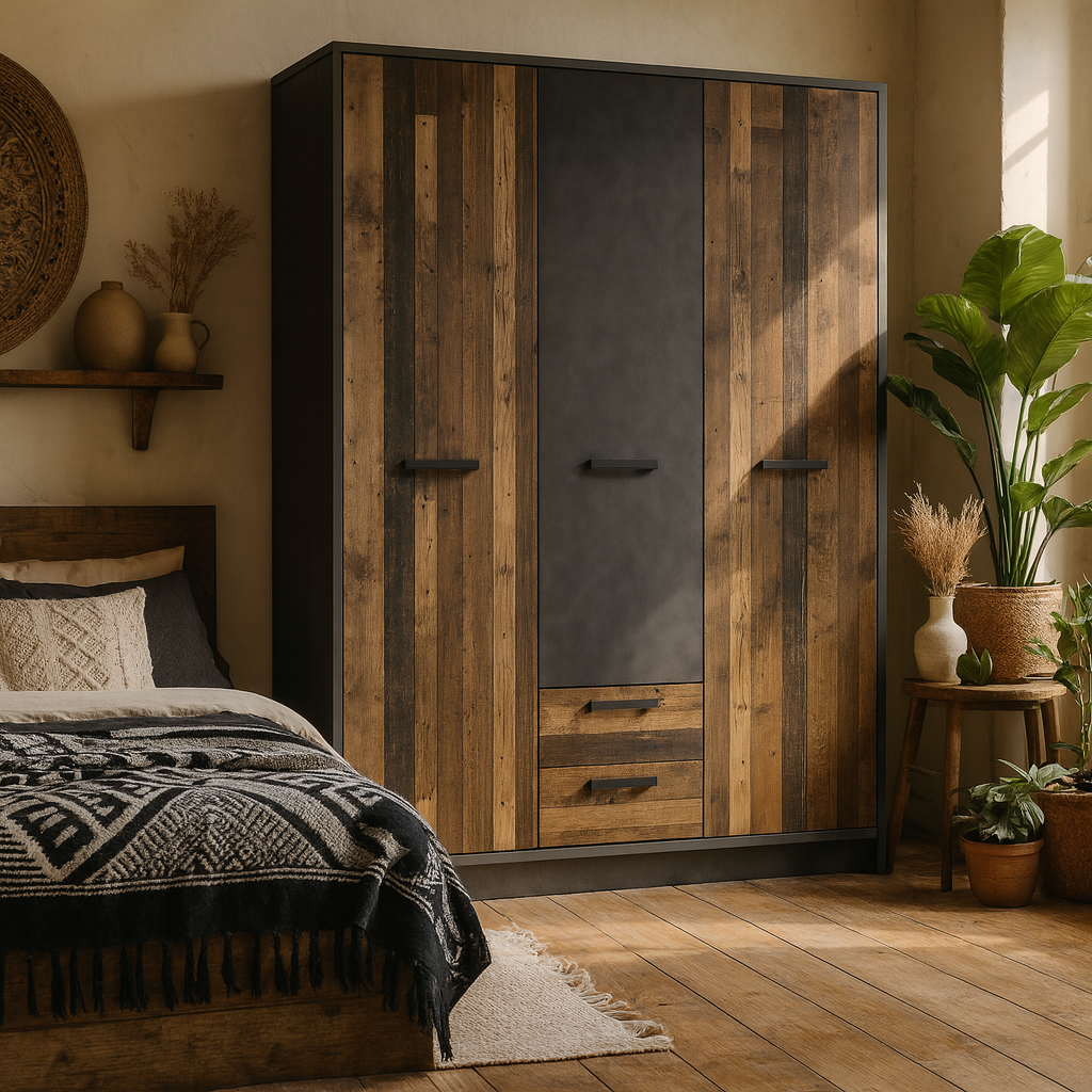 Whimwick Walnut and Dark Matera Grey 3 Door Wardrobe 2 Drawers
