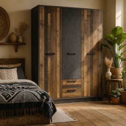Whimwick Walnut and Dark Matera Grey 3 Door Wardrobe 2 Drawers