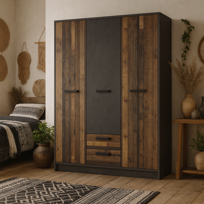 Whimwick Walnut and Dark Matera Grey 3 Door Wardrobe 2 Drawers
