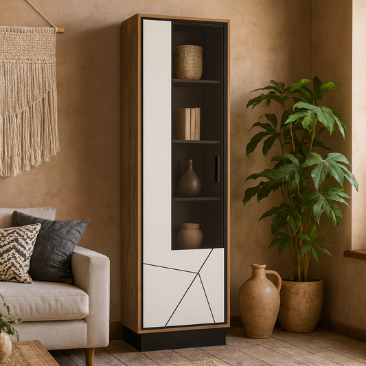 Dabbleton Tall Display Walnut and White Cabinet Left Hand Geometric Design