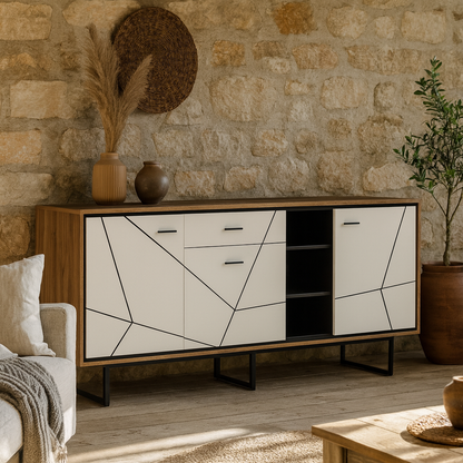 Dabbleton Walnit and White 3 Door 1 Drawer Wide Sideboard