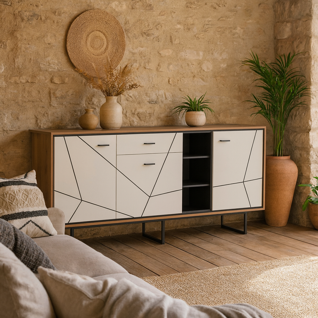 Dabbleton Walnit and White 3 Door 1 Drawer Wide Sideboard