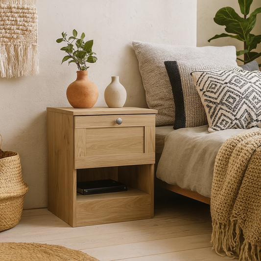 Cherryfern Natural Oak Wood Bedside Table 1 Frame Drawer 1 Open Shelf