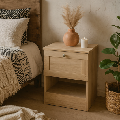 Cherryfern Natural Oak Wood Bedside Table 1 Frame Drawer 1 Open Shelf