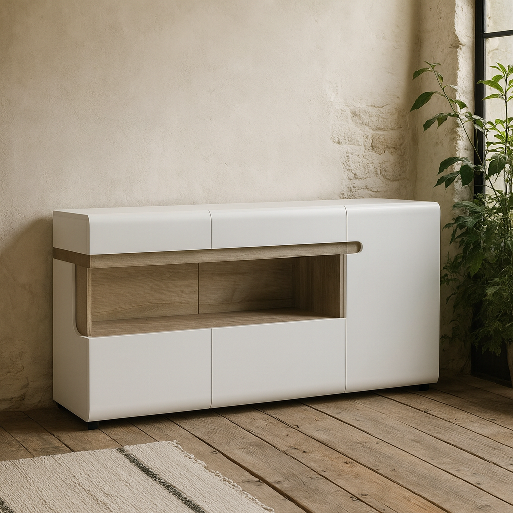 Foxwhisk 3 Door Glazed Sideboard White and Truffle Oak Wood