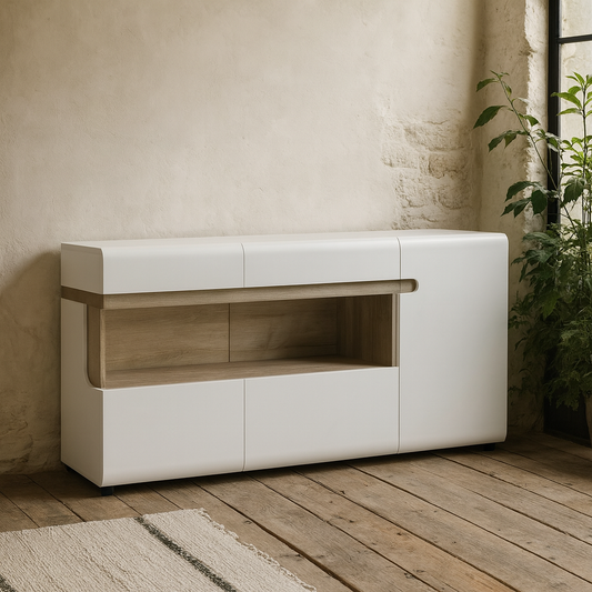 Foxwhisk 3 Door Glazed Sideboard White and Truffle Oak Wood