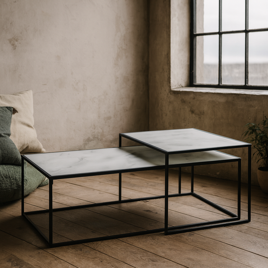 Foxglove White Marble and Torino Glass Nesting Coffee Table Set