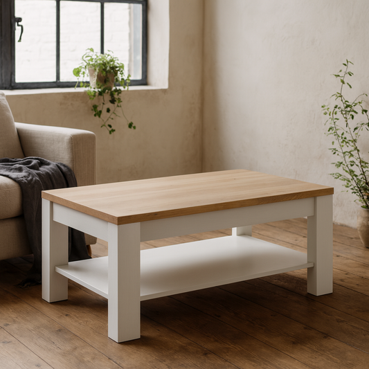 Bramblecroft White and Natural Oak Wood Coffee Table Bottom Shelf