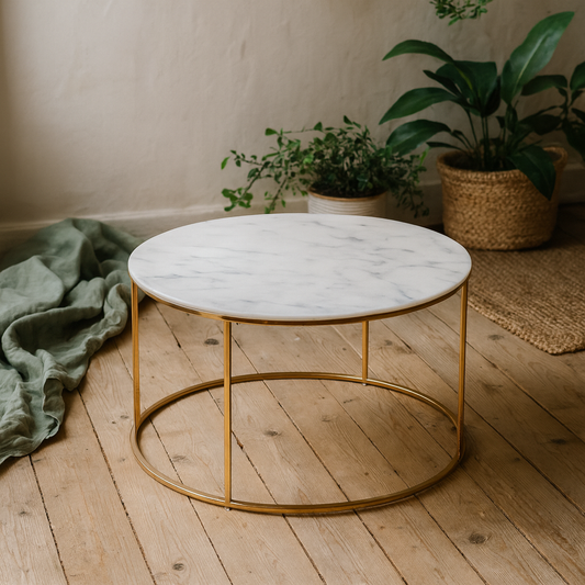 Bramblecroft Round White Marble Coffee Table Gold Base