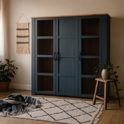 Bramblecroft Navy and Natural Oak Wood 3 Door Large Display Cabinet