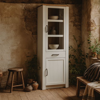 Bramblecroft White and Natural Oak Wood Narrow Display Cabinet 2 Doors 1 Drawer