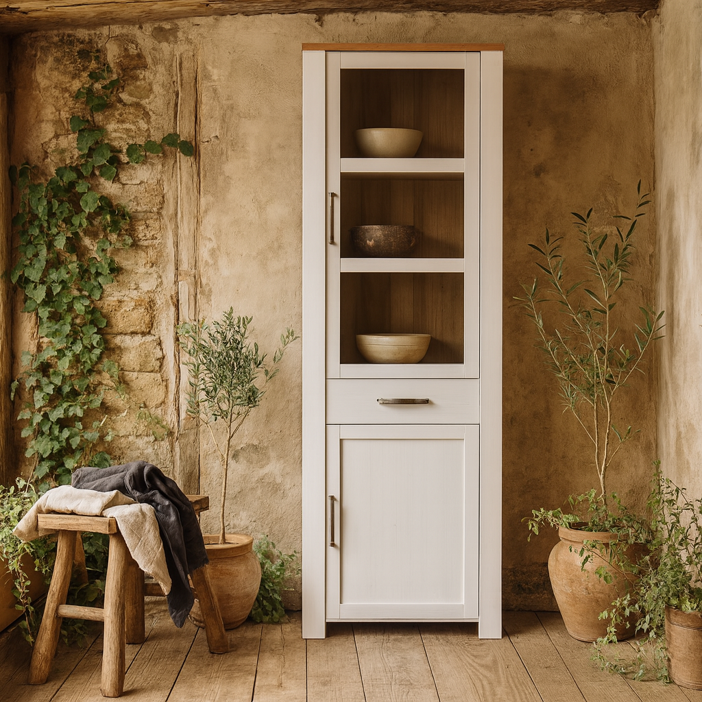 Bramblecroft White and Natural Oak Wood Narrow Display Cabinet 2 Doors 1 Drawer