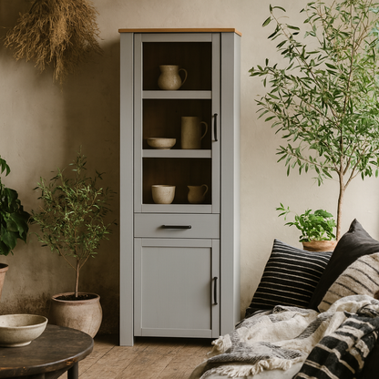 Bramblecroft Grey and Natural Oak Wood Display Cabinet Door 1 Drawer Narrow