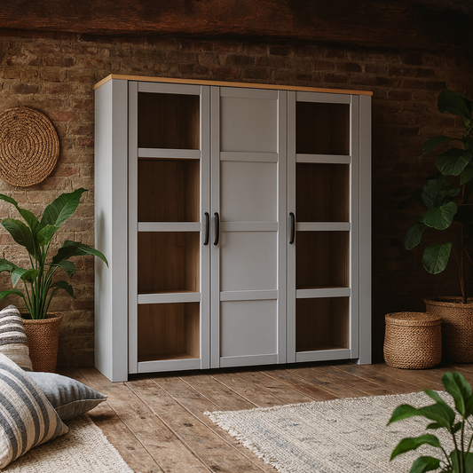 Bohol 3 Door Large Display Cabinet in Riviera Oak/White