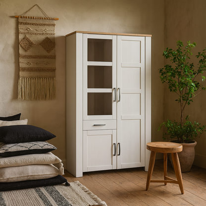 Bramblecroft White and Natural Oak Wood Display Cabinet 2 Doors