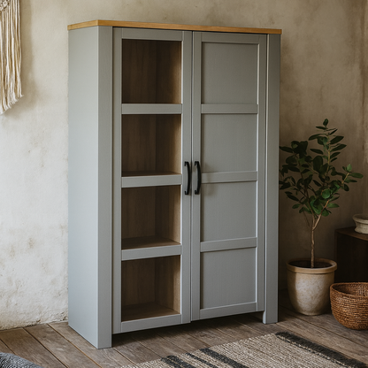 Bramblecroft Grey and Natural Oak Wood Display Cabinet 2 Door