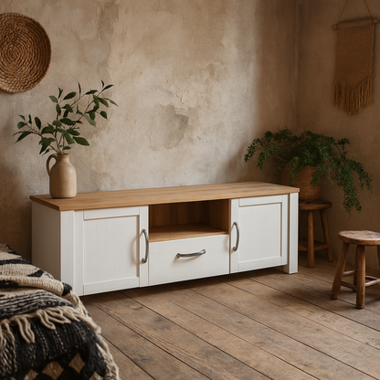 Bramblecroft White and Natural Oak Wood TV Unit 2 Door 1 Drawer