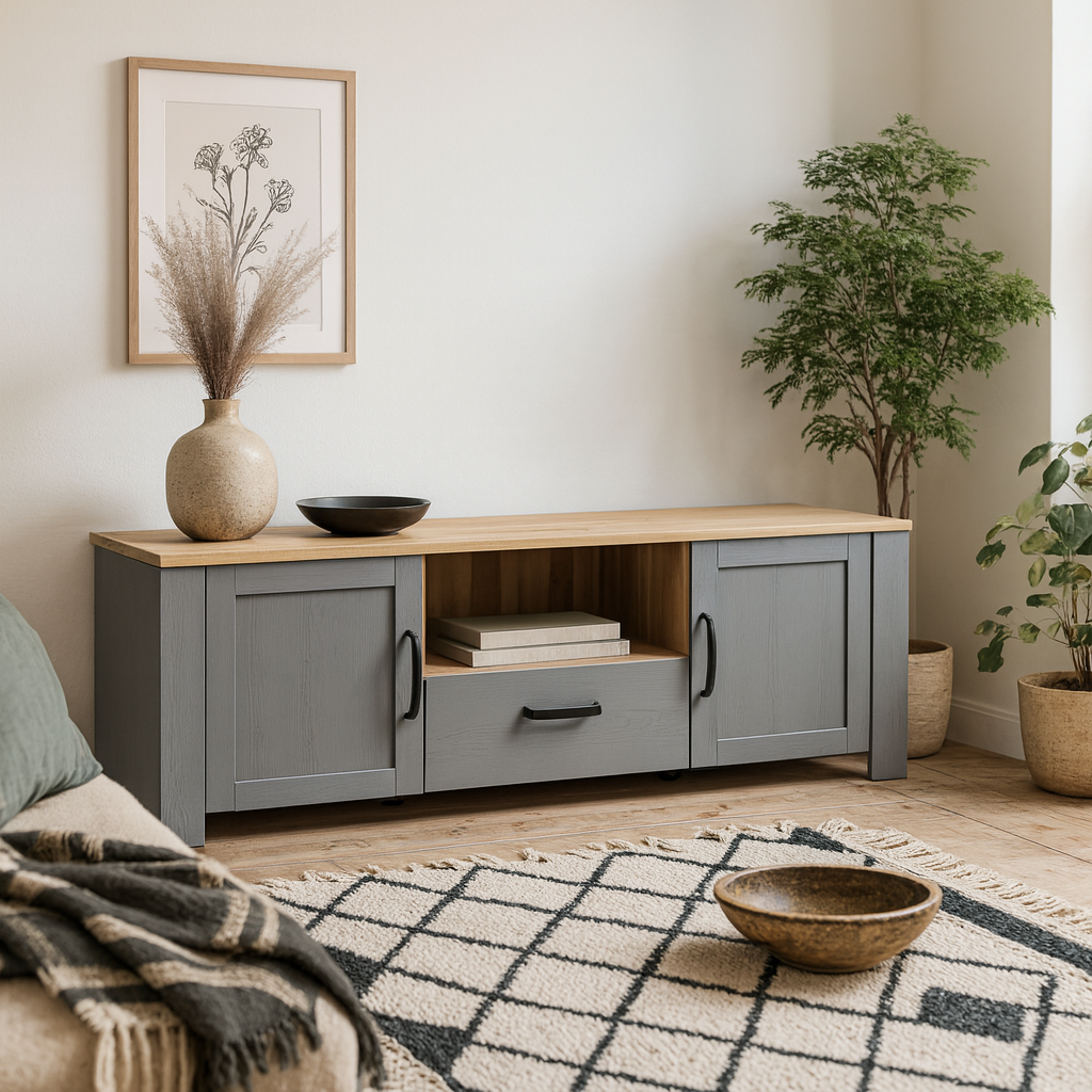 Bramblecroft Grey and Natural Oak Wood TV Unit 2 Door 1 Drawer