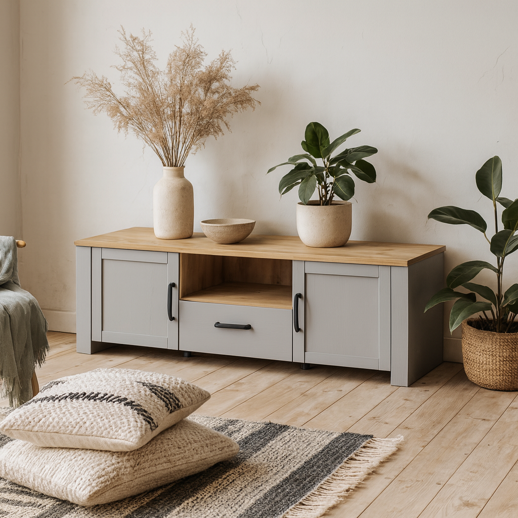 Bramblecroft Grey and Natural Oak Wood TV Unit 2 Door 1 Drawer