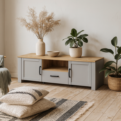 Bramblecroft Grey and Natural Oak Wood TV Unit 2 Door 1 Drawer