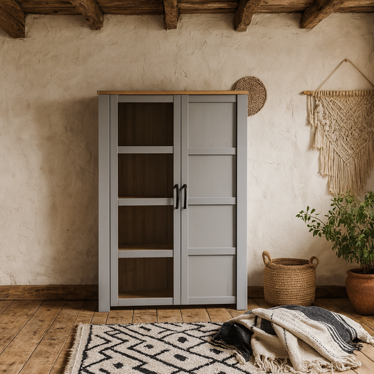 Bramblecroft Grey and Natural Oak Wood Display Cabinet 2 Door