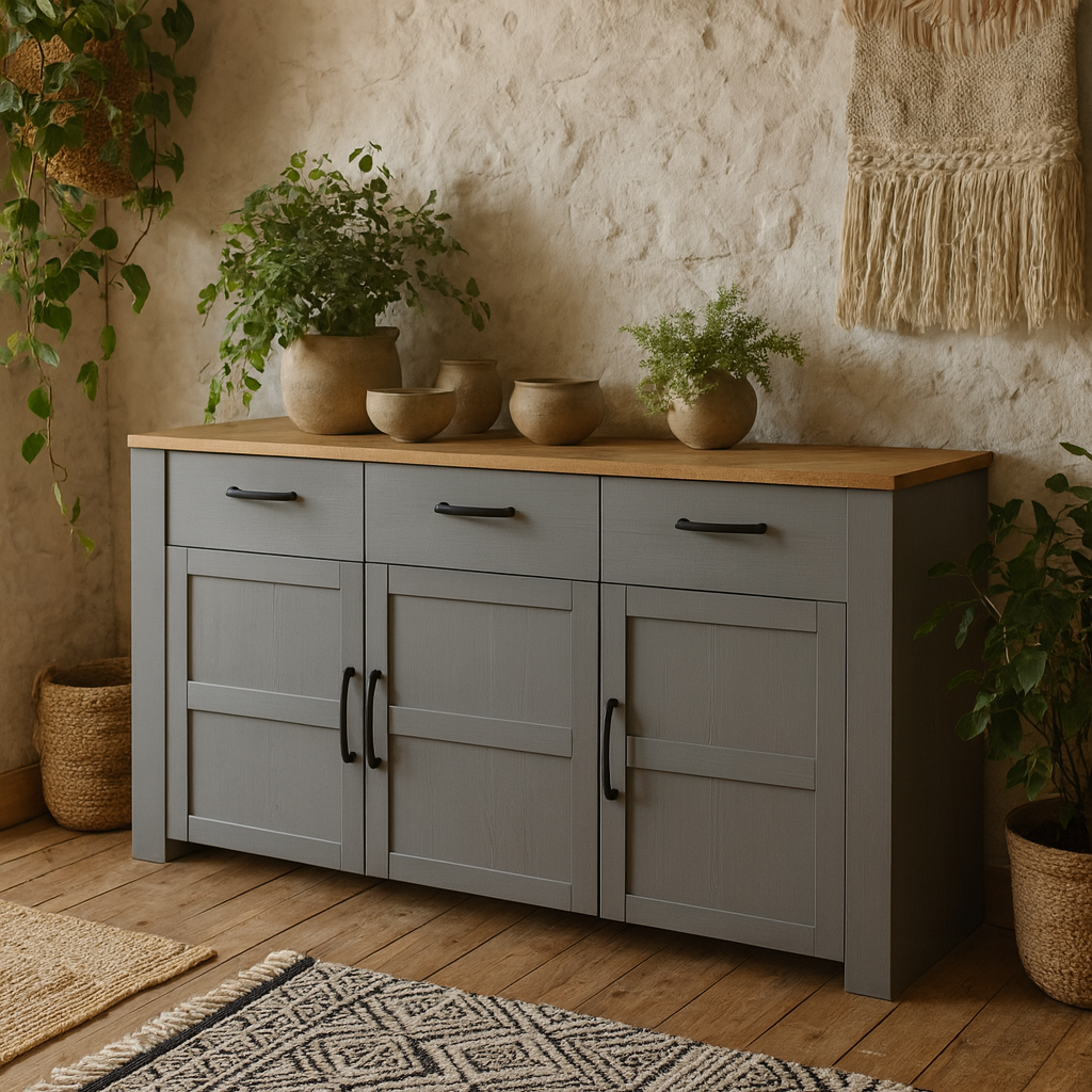 Bramblecroft Grey and Natural Oak Wood Wide Sideboard 3 Door 3 Drawer