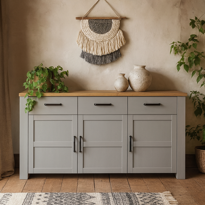 Bramblecroft Grey and Natural Oak Wood Wide Sideboard 3 Door 3 Drawer
