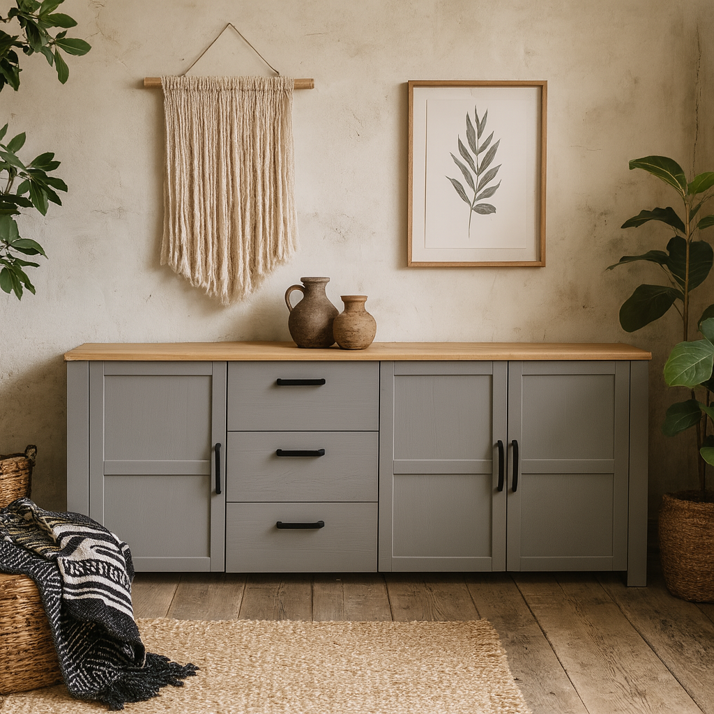 Bramblecroft Large Grey and Natural Oak Wood Sideboard 3 Door 3 Drawer