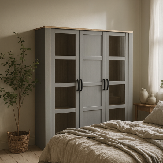 Bramblecroft Grey and Natural Oak Wood Large Display Cabinet 3 Door