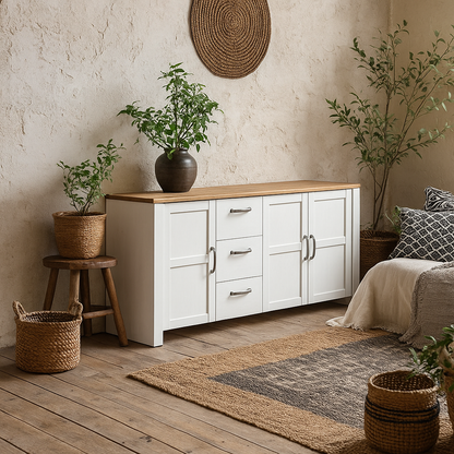 Bramblecroft White and Natural Oak Wood Large Sideboard 3 Door 3 Drawer