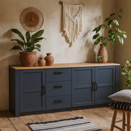 Bramblecroft Large Navy and Natural Oak Wood Sideboard 3 Door 3 Drawer