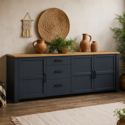 Bramblecroft Large Navy and Natural Oak Wood Sideboard 3 Door 3 Drawer