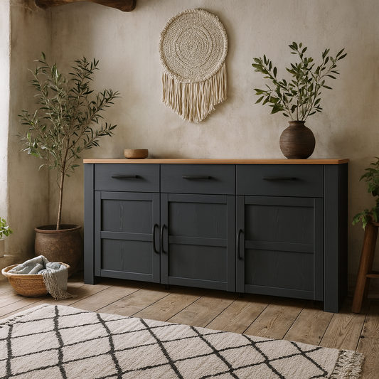 Bramblecroft Navy and Natural Oak Wood Wide Sideboard 3 Door 3 Drawer