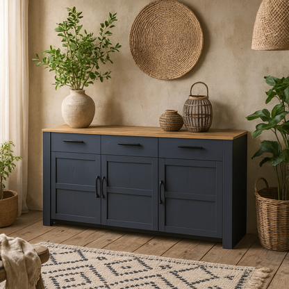 Bramblecroft Navy and Natural Oak Wood Wide Sideboard 3 Door 3 Drawer