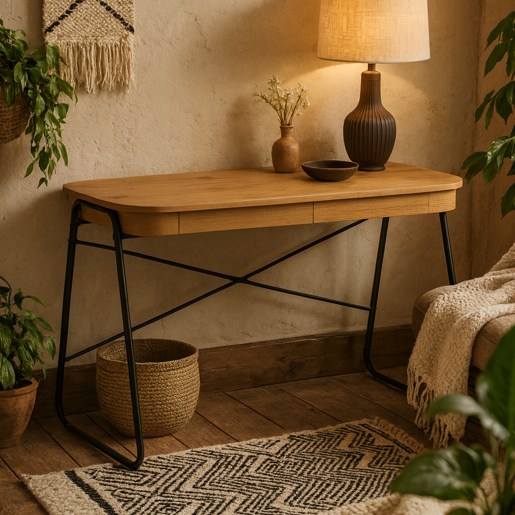 Mosswood Oak Wood and Black Metal Office Desk with 2 Drawers